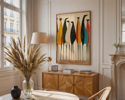 Abstract Bird Art Canvas Print, Modern Beige and Black Floating Wall Decor