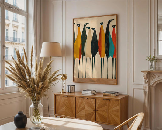 Abstract Bird Art Canvas Print, Modern Beige and Black Floating Wall Decor