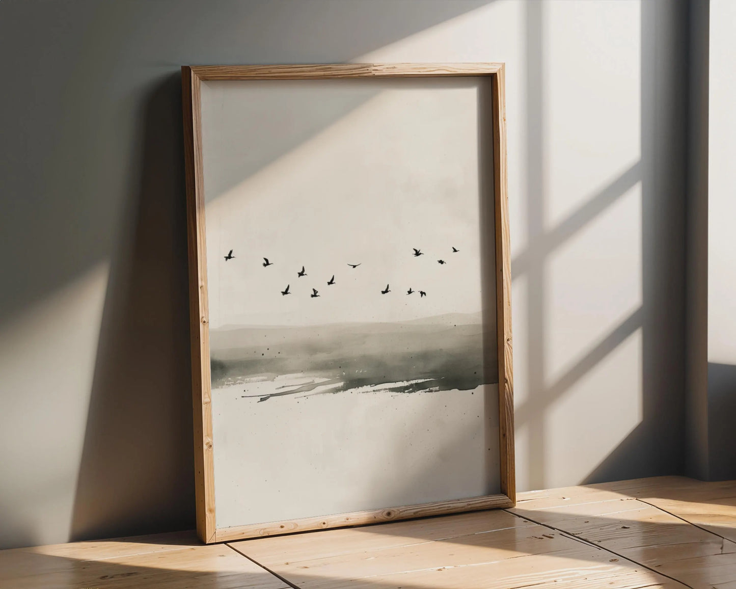 Minimalist Ink-Wash Bird Canvas Print, Black on Beige,