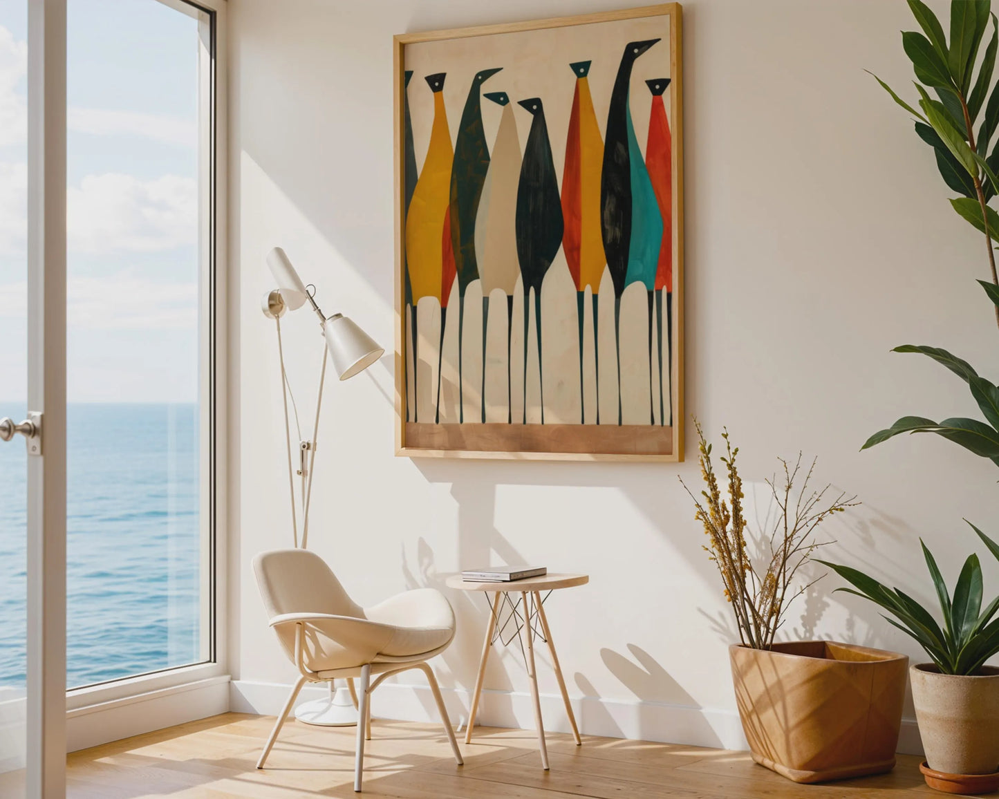 Abstract Bird Art Canvas Print, Modern Beige and Black Floating Wall Decor
