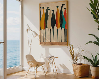 Abstract Bird Art Canvas Print, Modern Beige and Black Floating Wall Decor
