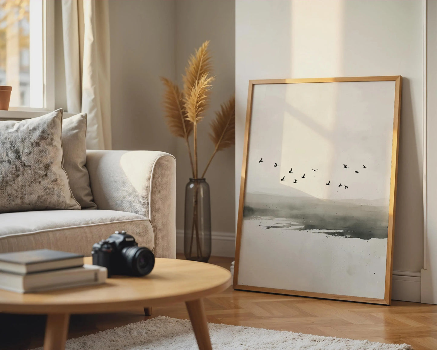 Minimalist Ink-Wash Bird Canvas Print, Black on Beige,