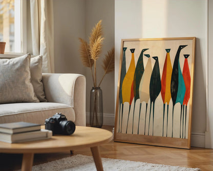 Abstract Bird Art Canvas Print, Modern Beige and Black Floating Wall Decor