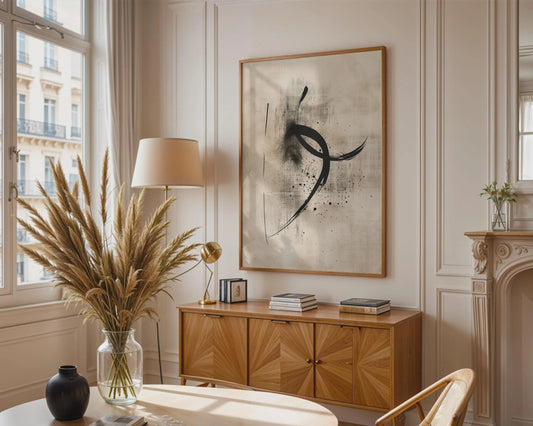 Abstract Black Ink Canvas Print on Beige, Modern Minimalist Floating