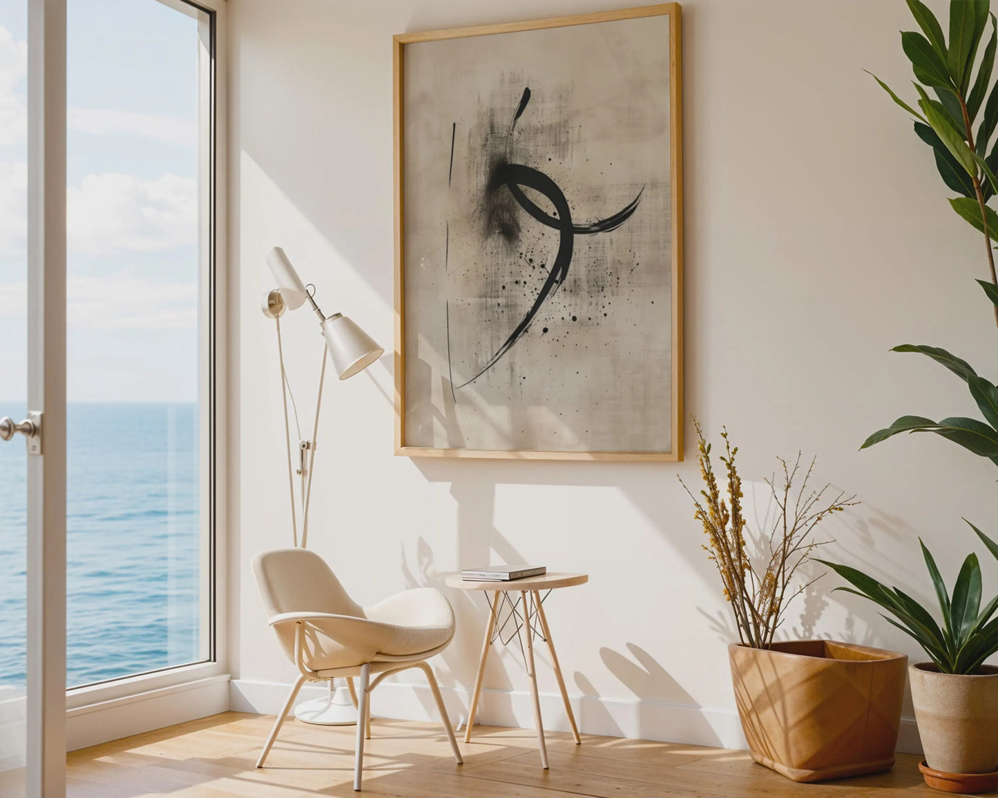 Abstract Black Ink Canvas Print on Beige, Modern Minimalist Floating